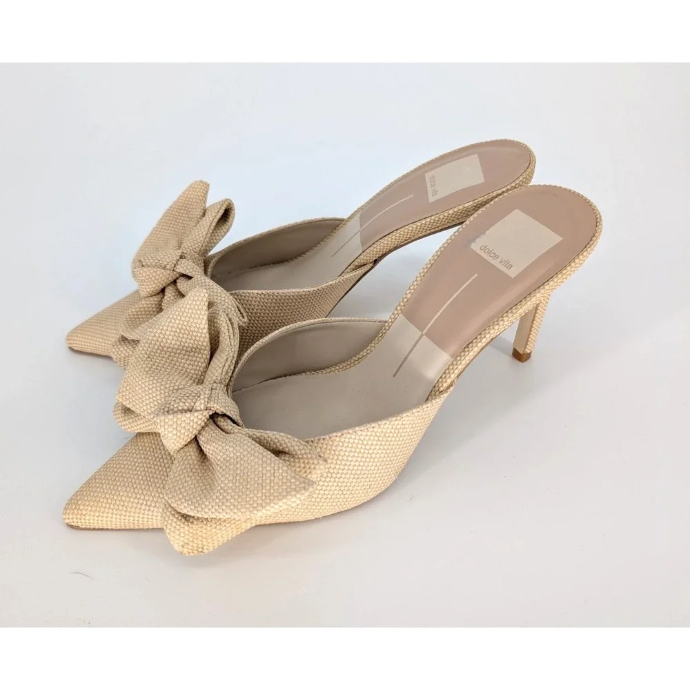 Dolce Vita Kayli Raffia Natural Bow Sandal Kitten Heel 8 Coquette Parisian Chic